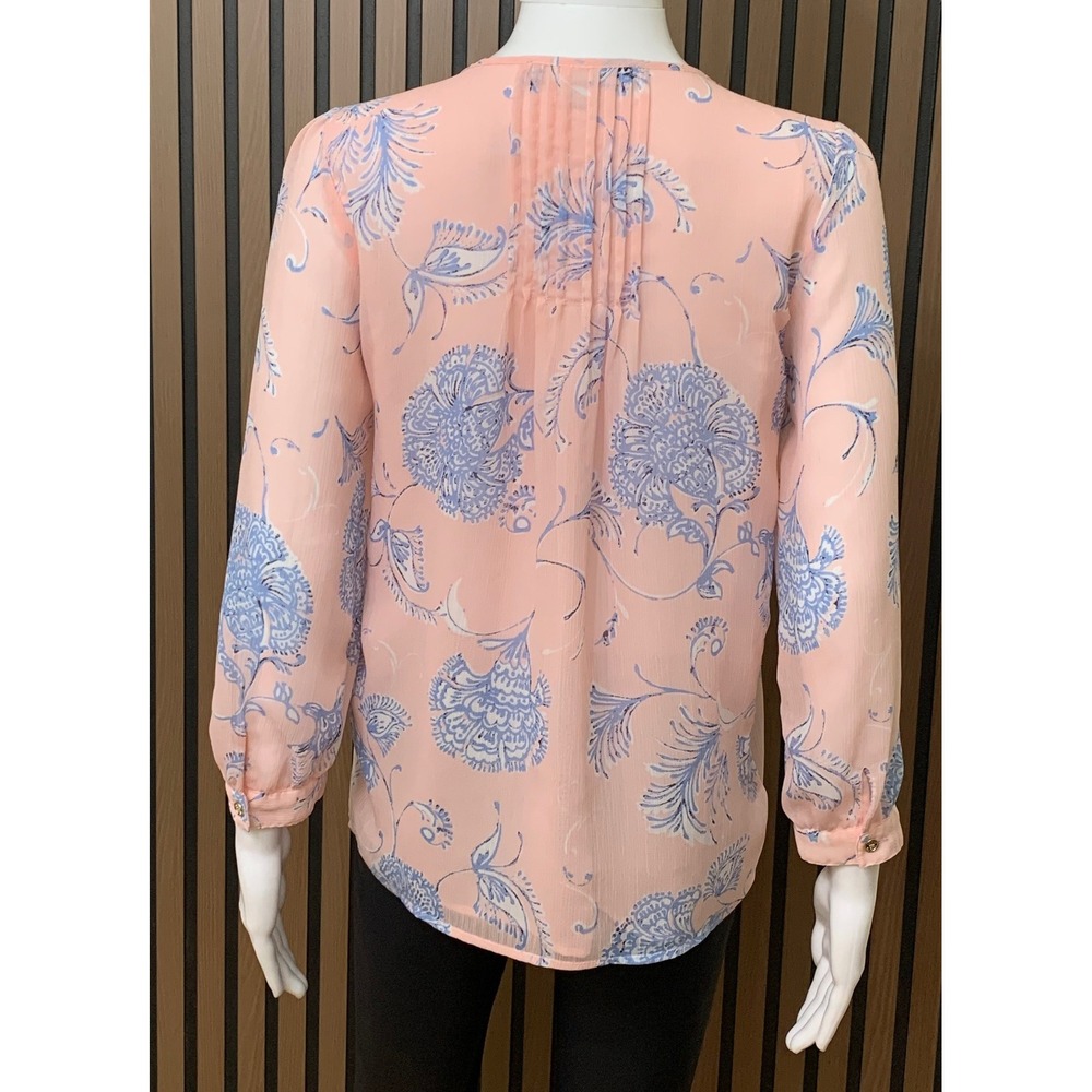 Tommy Hilfiger Peach Blue Floral Paisley Chiffon Pintuck Blouse XS TP/XP - Picture 3 of 9